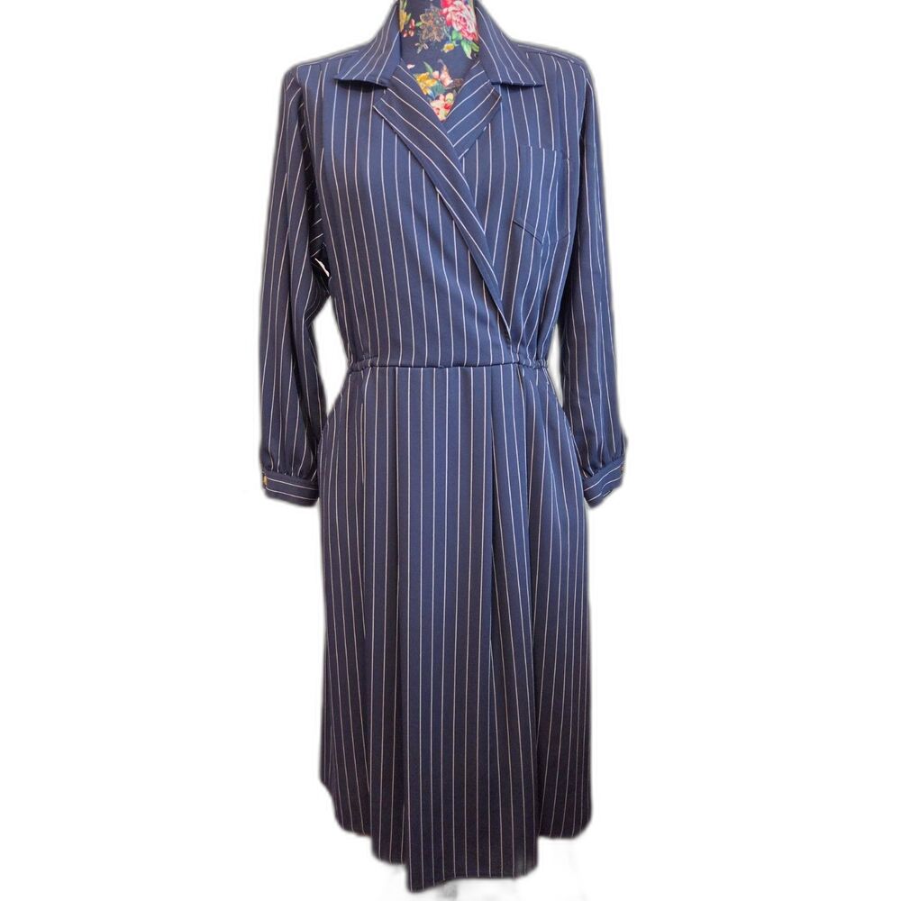 Vintage 80s Leslie Fay Navy Pinstripe Mock Wrap Midi Dress 14 Officecore Exec